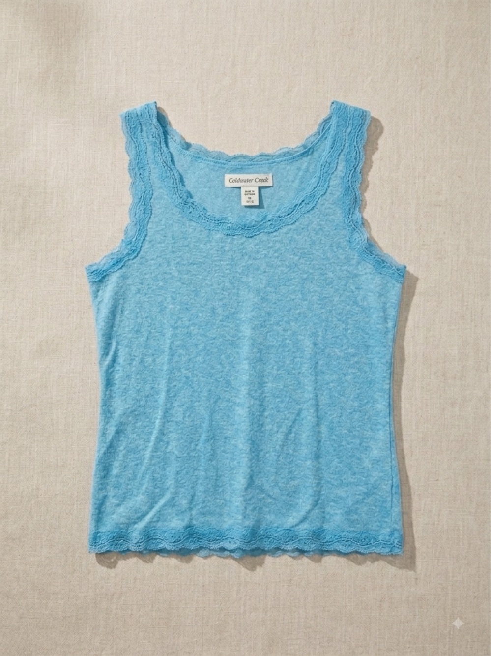 Coldwater Creek Light Blue Lace Trimmed Ribbed Tank Top Medium Cottagecore Y2K